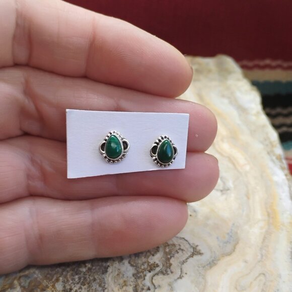 Sterling Silver Malachite Stud Earrings & Pendant Set Boho Dainty - Picture 7 of 10
